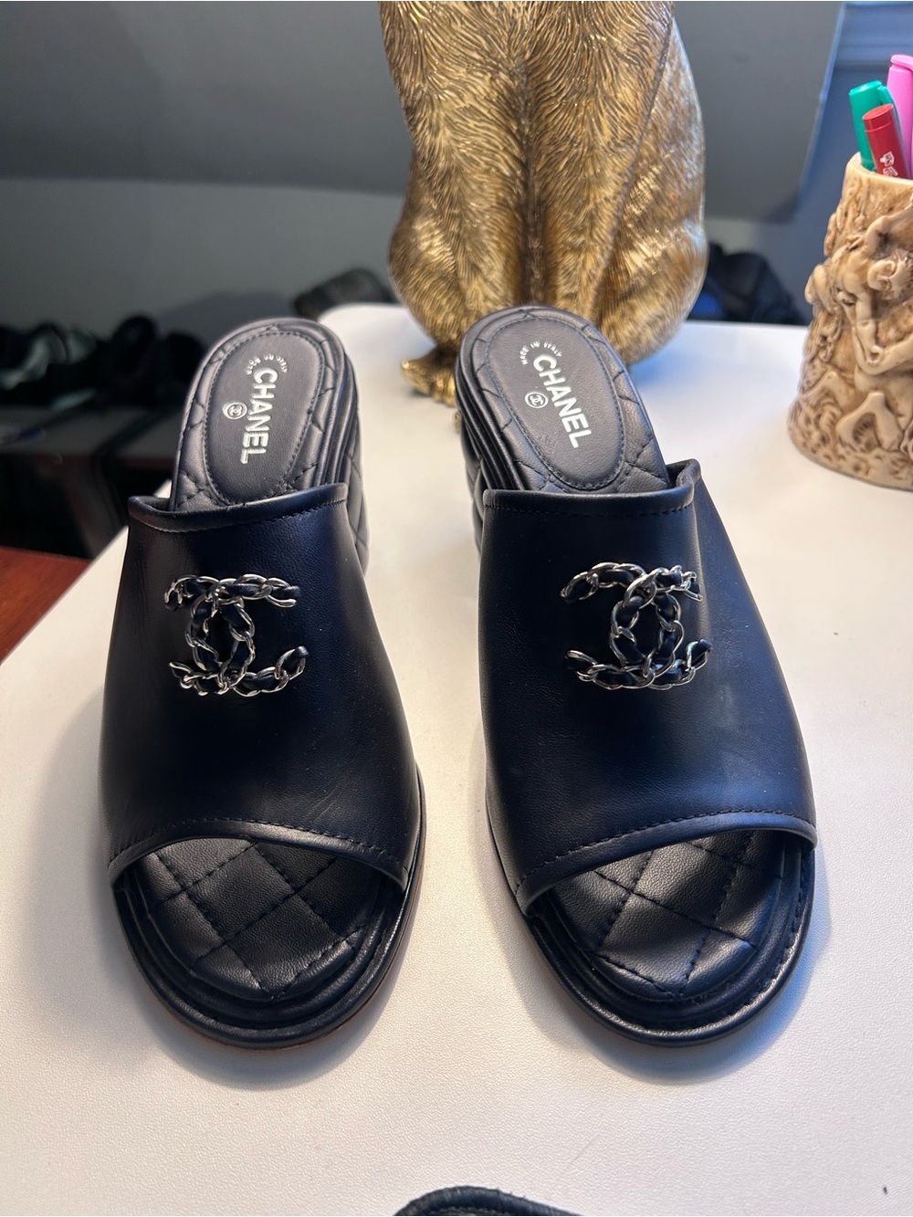 CHANEL Black Quilted Leather Open-Toe Mule with Silver CC